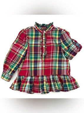 EUC Ralph Lauren Christmas Plaid Peplum Long Sleeve Tunic Top In Red & Green 24M